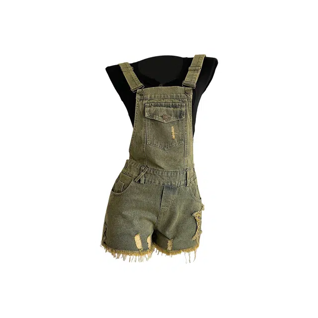 敲模女孩 美式辣妹复古风磨破牛仔背带短裤搭配打底短袖上衣休闲套装 女款