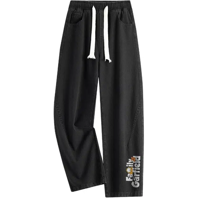 加菲猫家族 高街美式复古字母印花褶皱拼接设计水洗做旧宽松休闲日常通勤百搭舒适亲肤柔软无性别主义直筒牛仔裤 男女同款