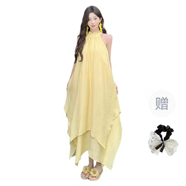 涂诗菲 挂脖海边度假风多巴胺沙滩无袖连衣裙 女款