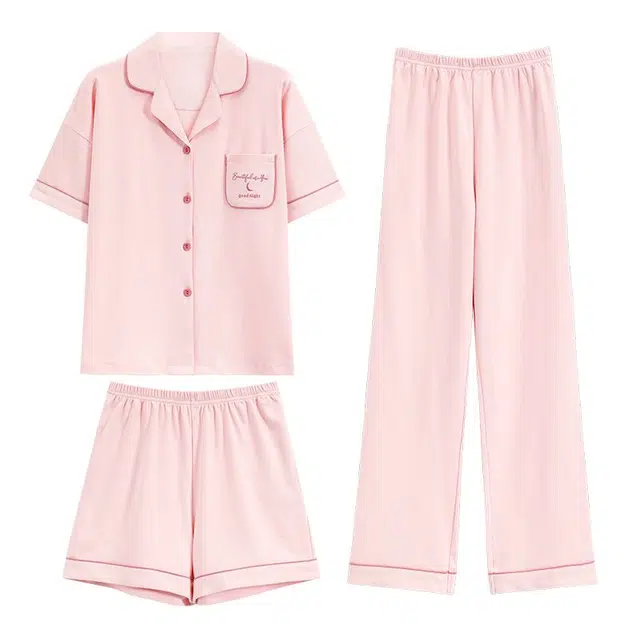 俏韵 翻领夏季款舒适简约短袖三件套甜美薄款凉感家居服可外穿睡衣套装 女款