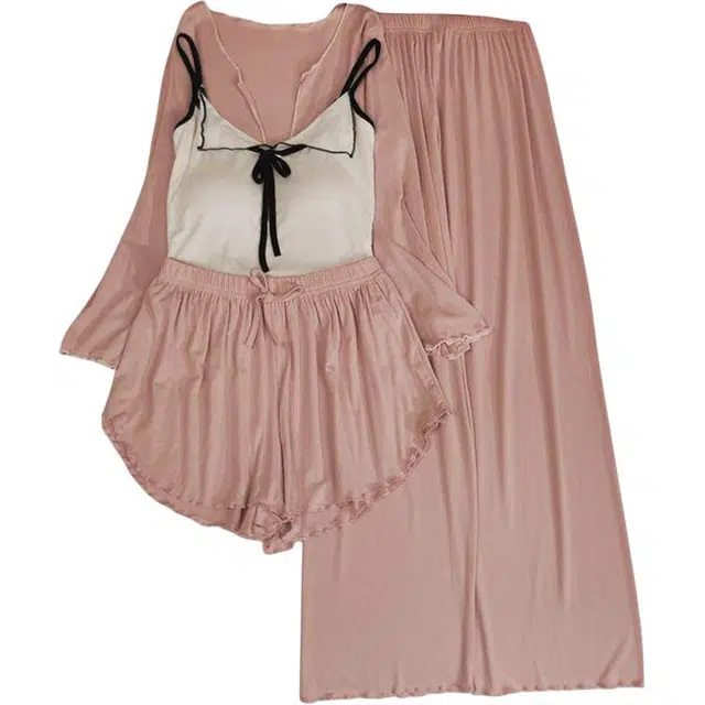 俞兆林 夏天薄款带胸垫柔软莫代尔吊带长裤四件套宽松休闲家居服睡衣套装 夏季 女款