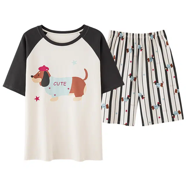 宫蝶 腊肠狗纯棉短袖休闲卡通家居服宽松可外穿夏季睡衣套装 男款