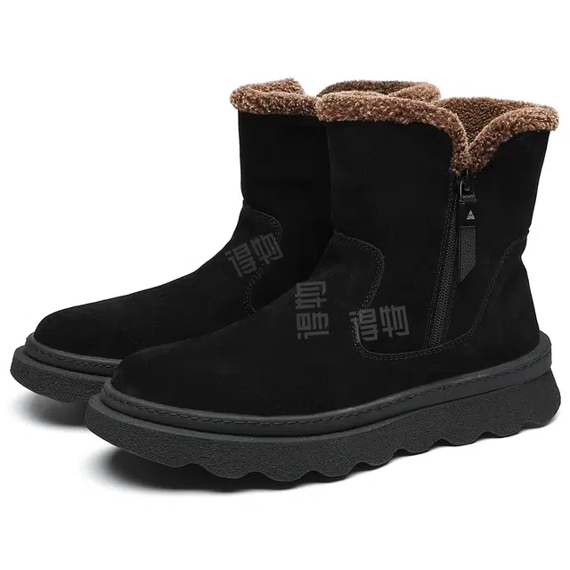 法派 二层牛皮 耐磨防滑 加绒保暖套 纯色百搭 舒适轻便 中筒 雪地靴 男款 黑色