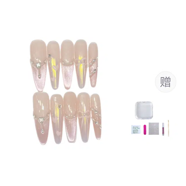 几多萌 纯手工穿戴甲高级感猫眼法式碎钻极光爱心蝴蝶结美   尖型粉色裸色 纯欲