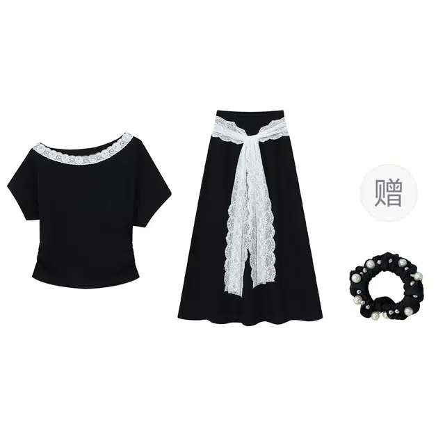 雾闪闪 大码休闲简约蕾丝拼接短袖上衣高腰半身裙裙装套装 女款