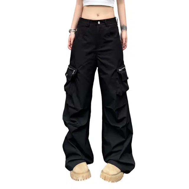 冈哉 美式高街侧边口袋拉链拼接褶皱设计工装风时尚潮流百搭日常通勤舒适柔软亲肤休闲裤 男女同款