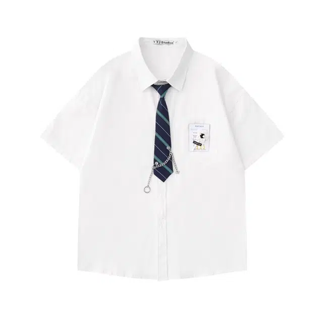 沐诚阳译 夏季潮牌设计感短袖领带男女学院风情侣宽松休闲衬衫 男款