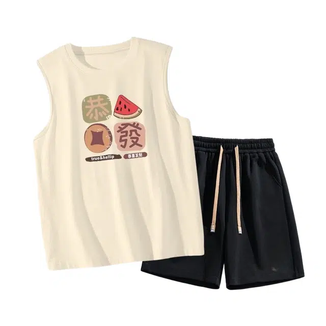 大格子与黑猫 无袖潮牌宽松创意坎肩背心时尚五分裤休闲运动套装 男款