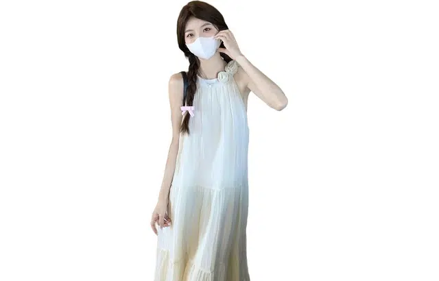 珠蒂美 甜美纯色度假风高腰时尚无袖连衣裙 女款