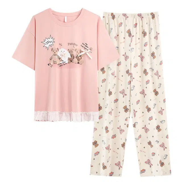 俏韵 圆领卡通夏季短袖休闲带胸垫长裤套头薄款家居服可外穿睡衣套装 女款