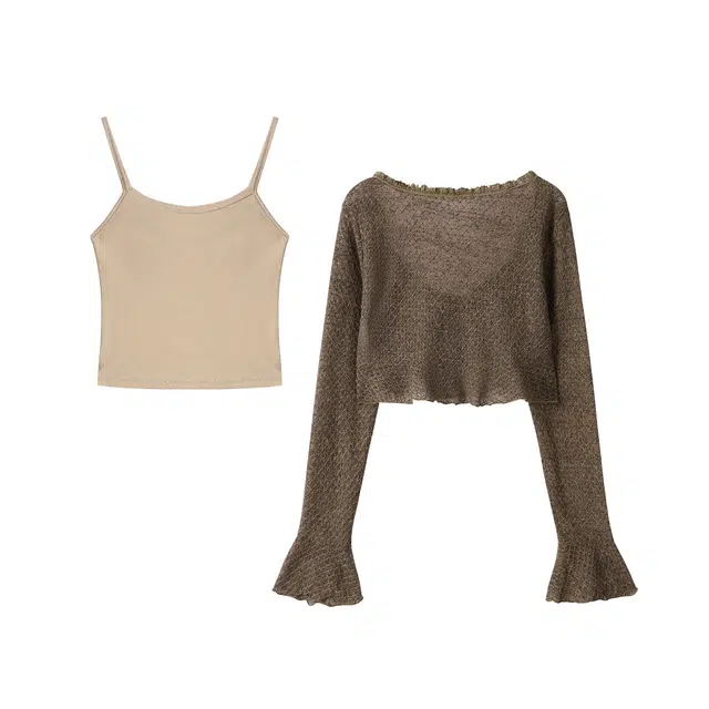 如续 复古长袖蝴蝶结开衫背心吊带短款两件套休闲套装 女款