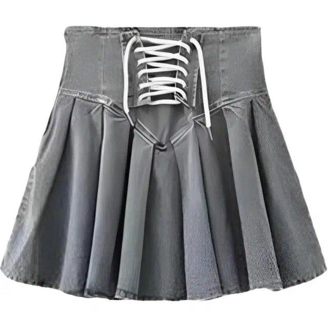 桴生 甜酷高腰牛仔女夏季辣妹显瘦绑带设计感百褶裙子休闲短裙 女款