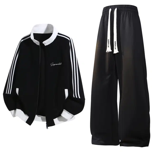 吾皇猫 学院风潮流美式复古基础款舒适透气简约百搭时尚拼色条纹长袖开衫外套夹克长裤休闲运动套装 男女同款