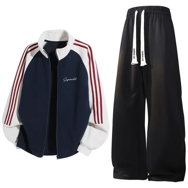 吾皇猫 美式复古高街简约基础款学院风拼接立领开衫卫衣经典三条杠外套直筒宽松长裤两件套潮流潮牌舒适透气时尚休闲运动套装 男女同款