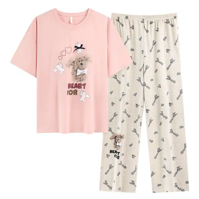 俏韵 圆领卡通风夏季短袖夏天休闲带胸垫长裤套头薄款家居服可外穿睡衣套装 女款