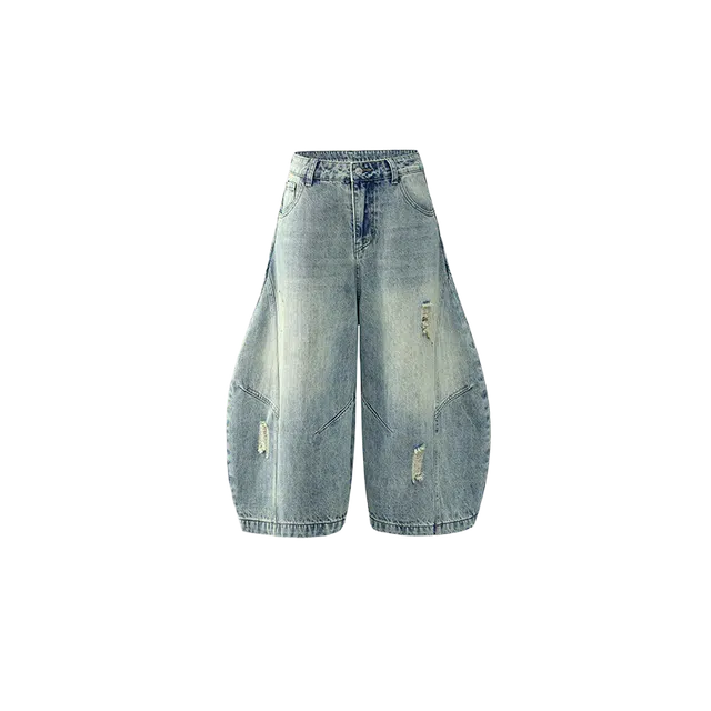 零氏 夏季薄款美式复古水洗做旧破洞休闲百搭宽松廓形基础款中裤阔腿直筒七分牛仔短裤 男女同款