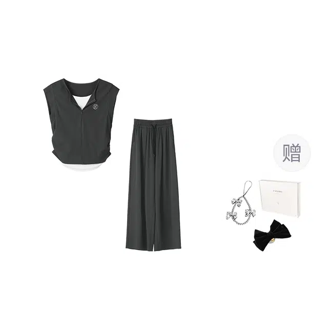 法儿家 松弛时刻韩系学院风慵懒感无袖上衣时尚休闲套装 女款