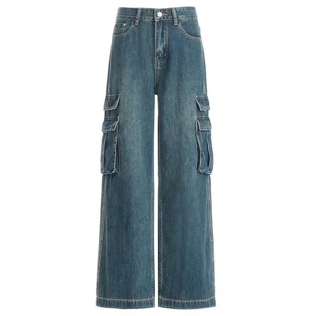 拾籍 潮流复古宽松休闲大口袋工装裤女时尚百搭垂感舒适阔腿牛仔裤 女款