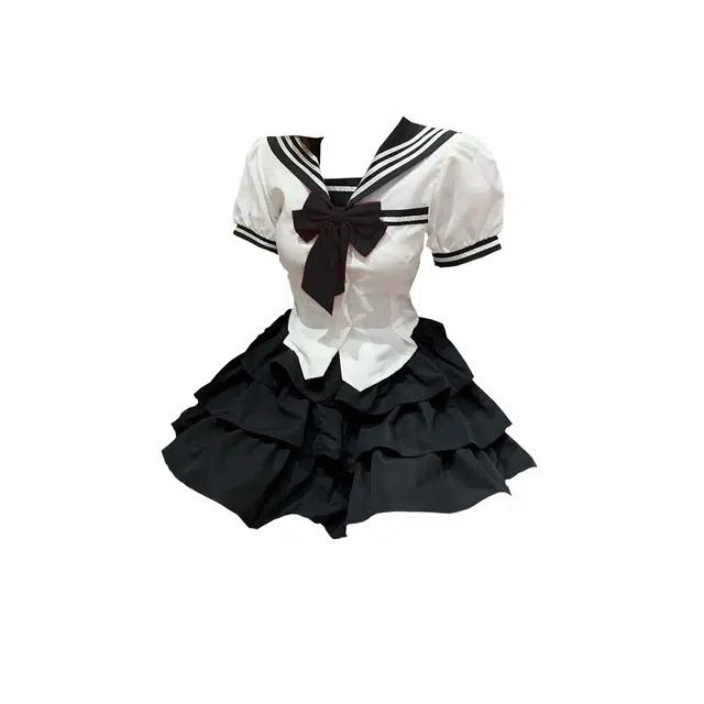 思蓓儿 甜美学院风海军领蝴蝶结衬衣高腰蛋糕短裙两件套裙装套装 女款 图片色