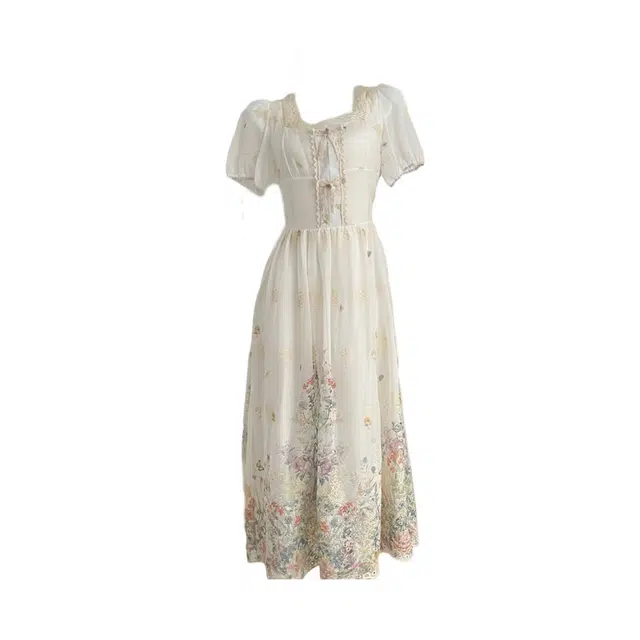 敲模女孩 法式复古风刺绣修身绝美设计感度假风短袖连衣裙 女款