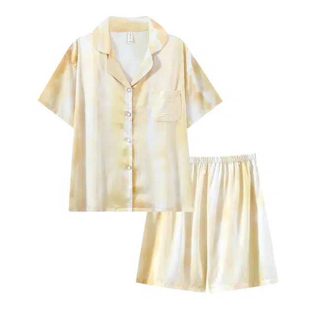 夏芬妍 休闲舒适高级感晕染冰丝翻领家居服亲肤宽松短袖短裤长裤时尚可外穿夏季睡衣套装 女款