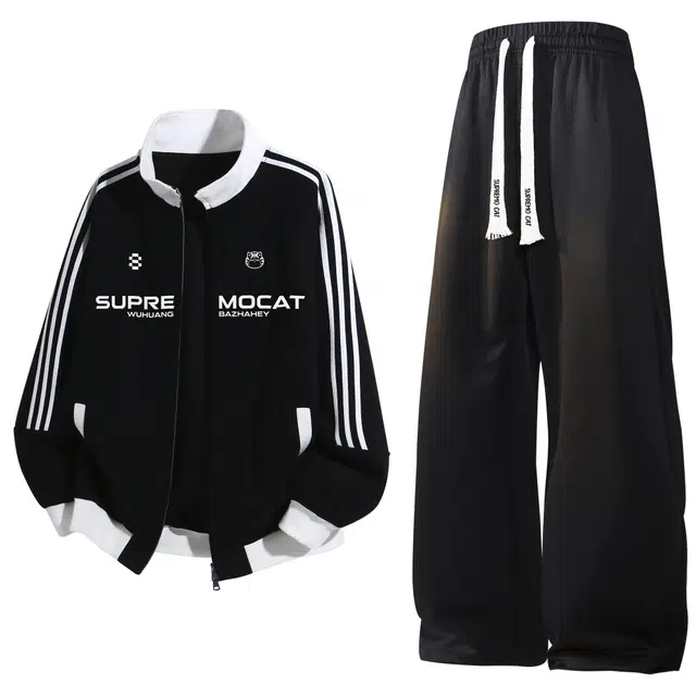 吾皇猫 学院风美式复古基础款舒适透气简约百搭时尚拼色条纹长袖开衫外套夹克长裤休闲运动套装 男女同款