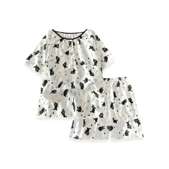 俏韵 夏季可爱猫咪甜美短袖短裤翻领家居服睡衣套装 女款