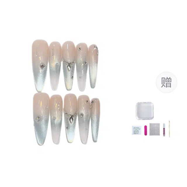 几多萌 夏季小清新穿戴甲高级感绿色猫眼法式碎钻美甲可拆  椭圆粉色裸色 纯欲