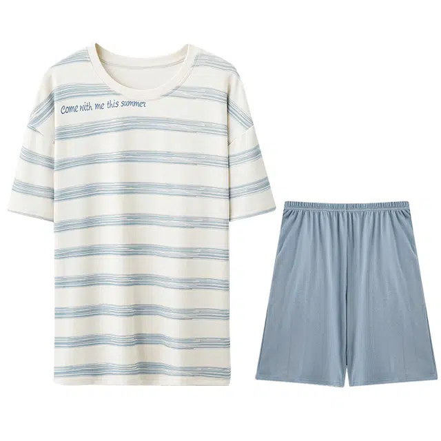 向薇 网红风条纹短纯棉男夏季短袖男士男生家居服睡衣套装 男款