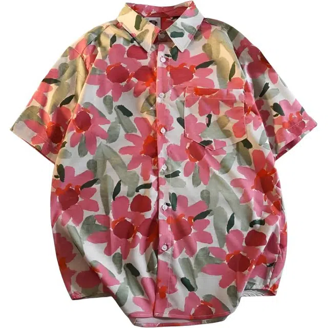 大格子与黑猫 港风复古宽松别致小众海滩度假风短袖衬衫 男款