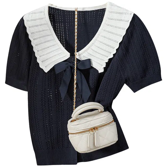 她池 减龄蝴蝶结撞色镂空修身款上衣甜美针织衫 女款 浅灰色