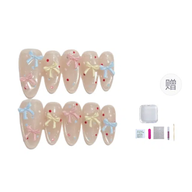 几多萌 纯手工穿戴甲彩色蝴蝶结小清新可爱波点测光猫眼美甲  杏仁长款粉色裸色 猫眼