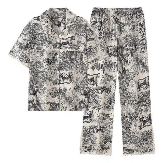 宫蝶 短袖长裤云朵棉家居服国风满印休闲可外穿开衫夏季睡衣套装 女款