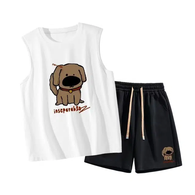 大格子与黑猫 宽松潮流套头无袖背心美式简约百搭五分裤休闲运动套装 男款