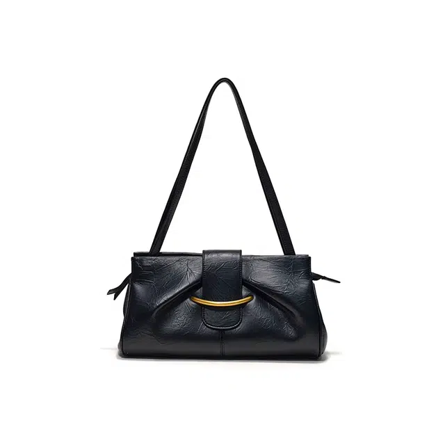 西木汀 日暮 小众设计高级感通勤百搭法棍包 牛皮 单肩包 小号 女款 深邃黑/米白色