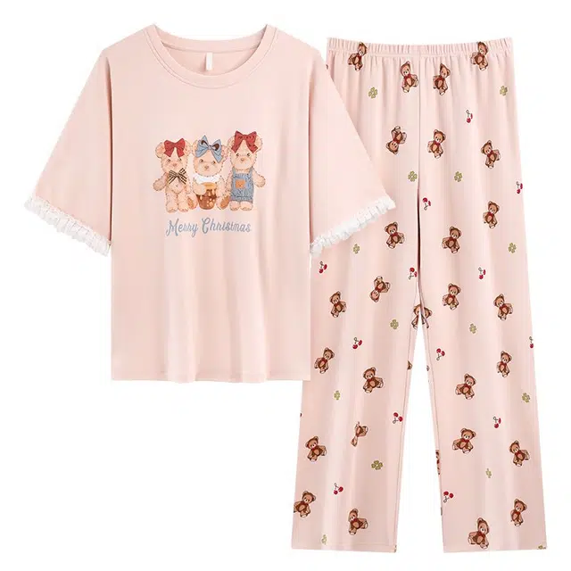 俏韵 圆领夏季款短袖休闲甜美带胸垫套头薄款家居服可外穿睡衣套装 女款