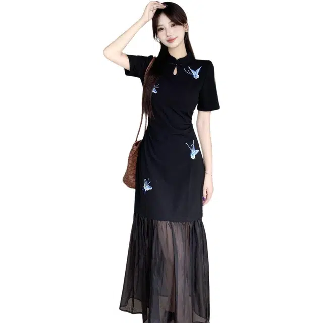 哒头下雨不愁 新中式动物合身薄款高领短袖连衣裙 女款