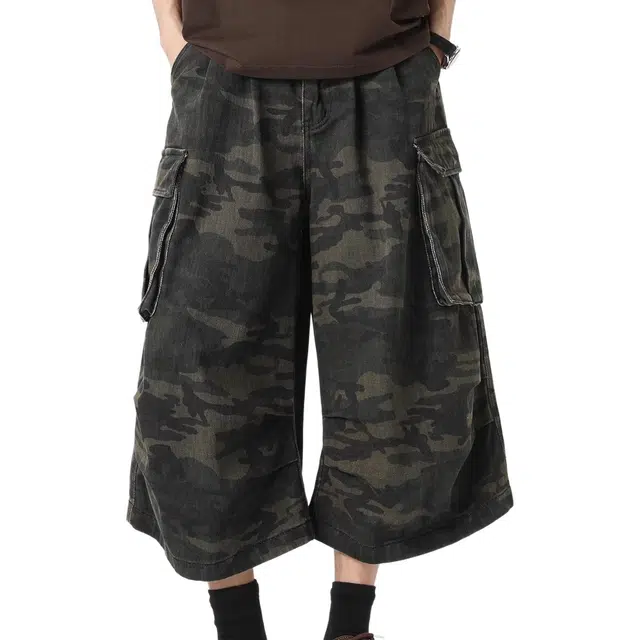 沐诚阳译 美式迷彩七分裤男夏季潮牌宽松大码男生过膝工装短裤  男女同款