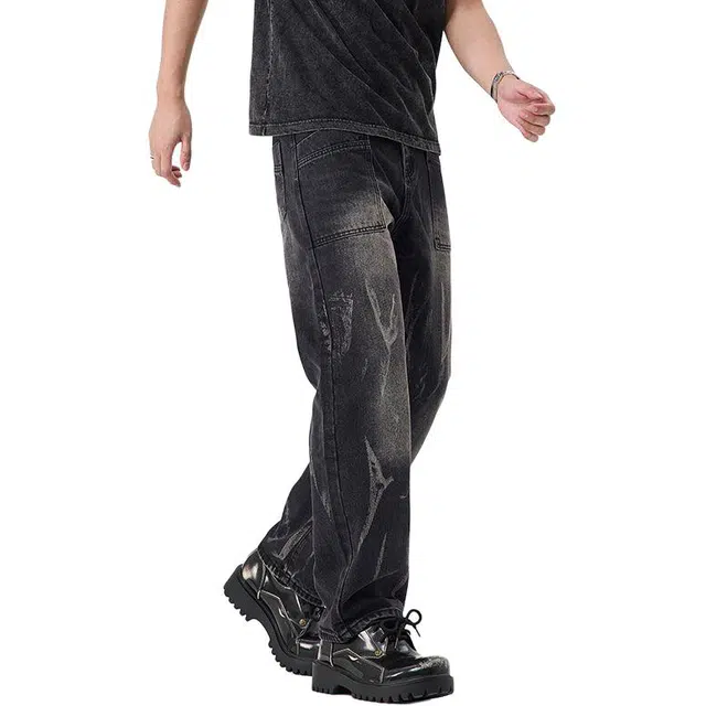 宝米卡 美式复古水洗做旧直筒微喇高街阔腿牛仔裤 男女同款