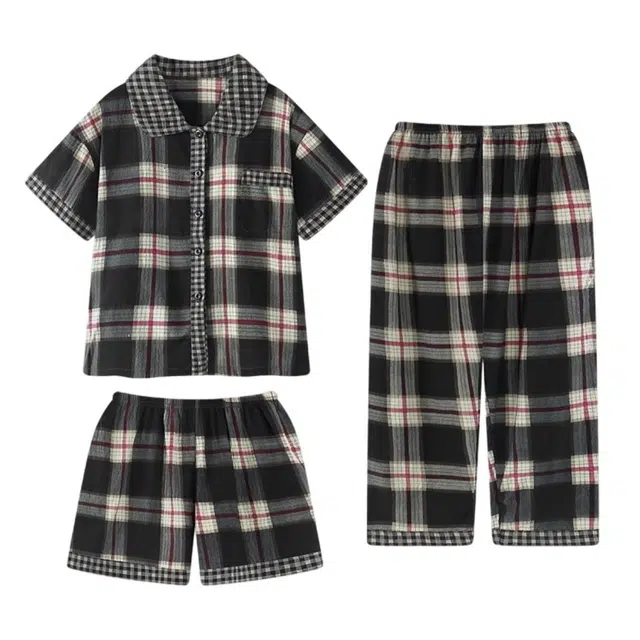 夏芬妍 柔软舒适经典格子云朵棉翻领开衫家居服亲肤休闲短袖三件套时尚可外穿夏季睡衣套装 男女同款