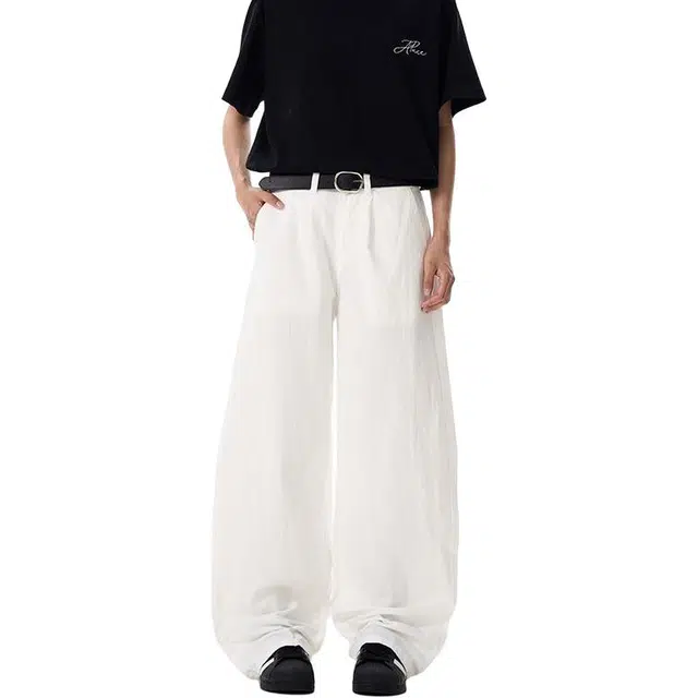 宝米卡 薄款美式皱褶休闲弯刀裤直筒宽松阔腿拖地裤子牛仔裤 男女同款