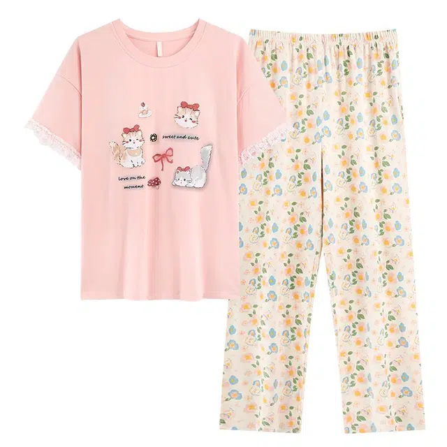 俏韵 圆领卡通短袖休闲带胸垫长裤套头薄款家居服可外穿睡衣套装 女款