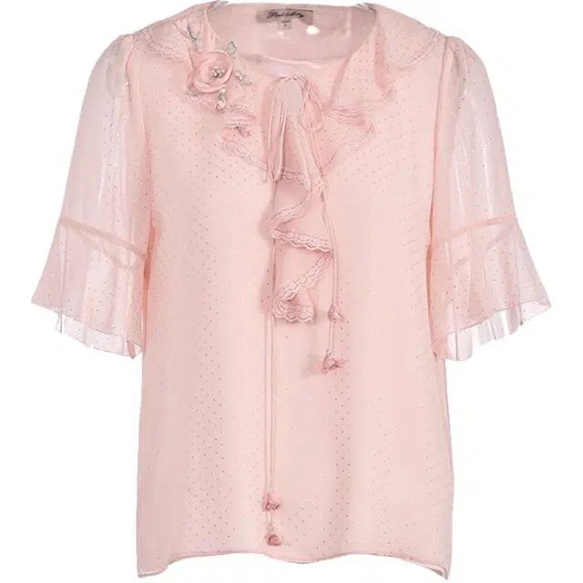 粉红玛琍 桑蚕丝荷叶领简约短袖通勤衬衫 女款