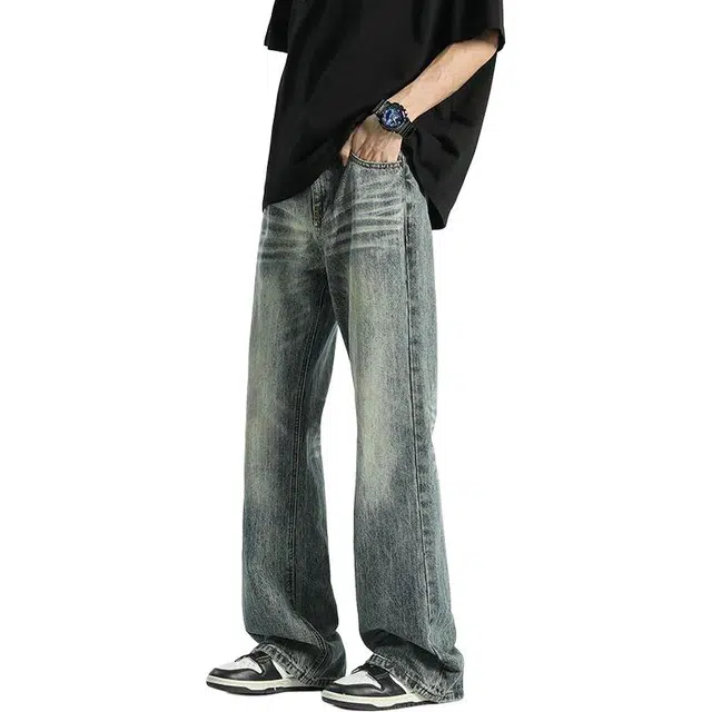 宝米卡 美式高街复古水洗做旧直筒长裤子牛仔裤 男女同款