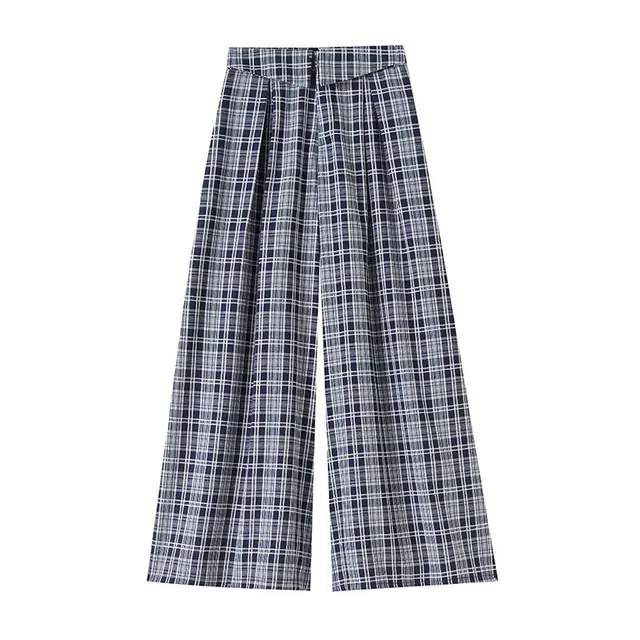 敲模女孩 甜酷风学院复古格子阔腿慵裤懒感高腰宽松直筒休闲裤 女款