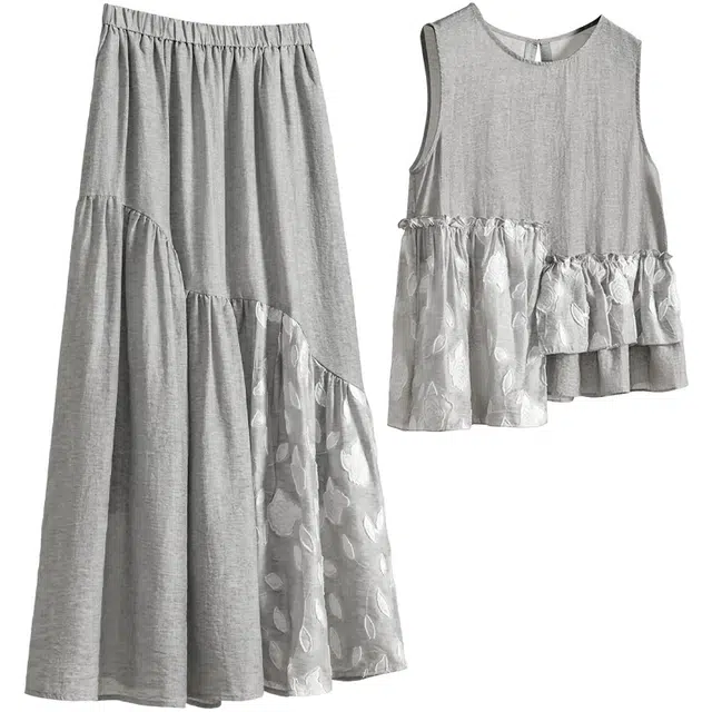 她池 圆领通勤舒适无袖背心半裙两件套简约拼接裙装套装 女款