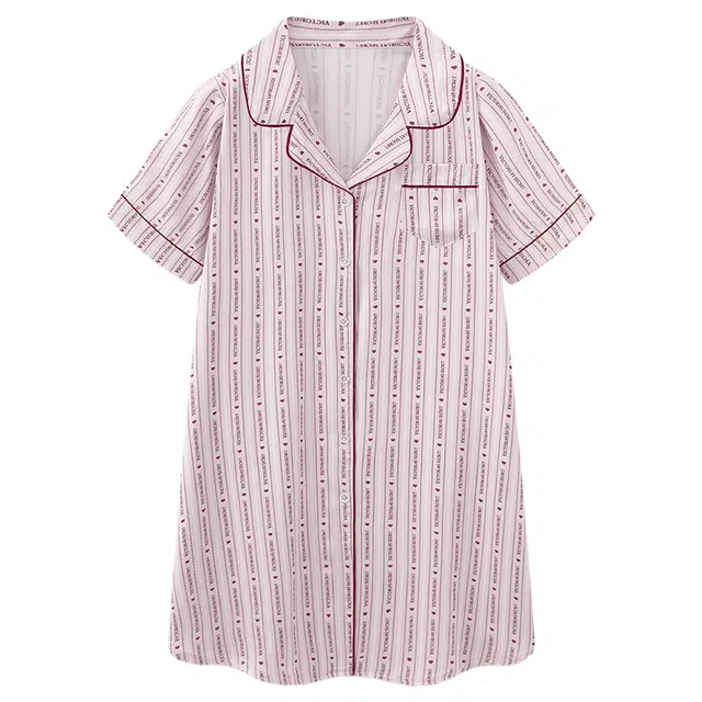 夏芬妍 休闲舒适高级感字母爱心条纹冰丝翻领家居服亲肤宽松短袖时尚可外穿夏季睡裙 女款