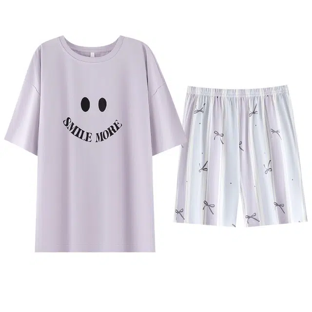 怡吾色 夏季萌趣印花笑脸短袖短裤抗菌防螨睡衣套装 女款