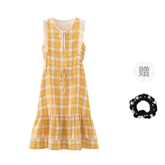 雾闪闪 高腰适中宽松格子无袖连衣裙 女款