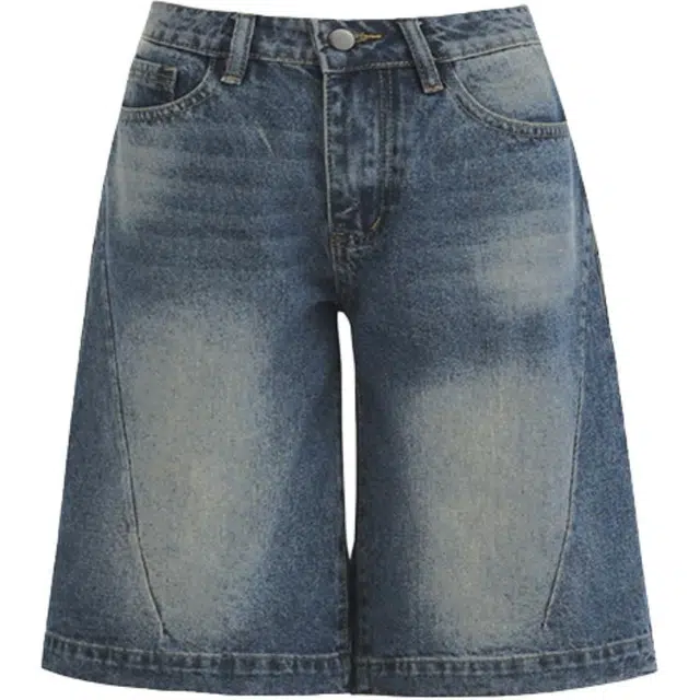 拾籍 怀旧水洗拼接设计复古低腰时尚五分牛仔短裤女百搭风格宽松休闲直筒裤 女款